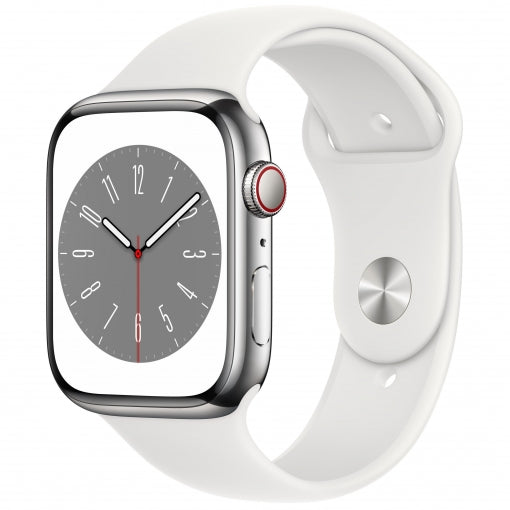 Apple Watch S8 GPS + Cellular 41mm Caja de acero inoxidable en plata con Correa deportiva Blanco