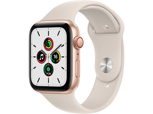 Apple Watch SE, GPS+CELL, 44 mm, Caja de aluminio en oro, Correa deportiva color blanco estrella